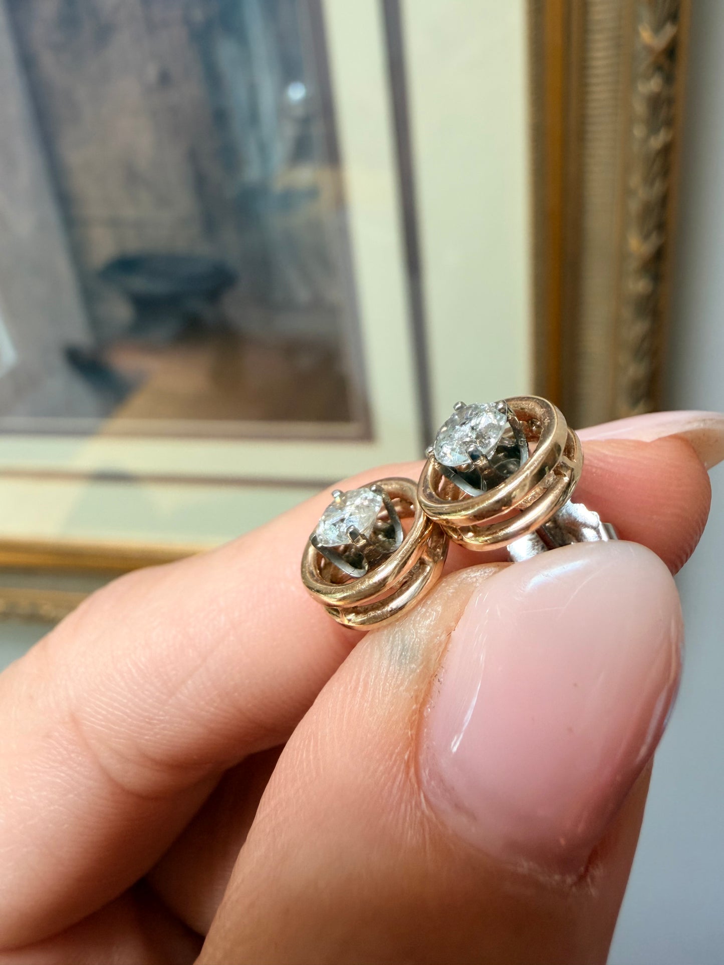 Vintage Two-Tone Diamond Circle Stud Earrings