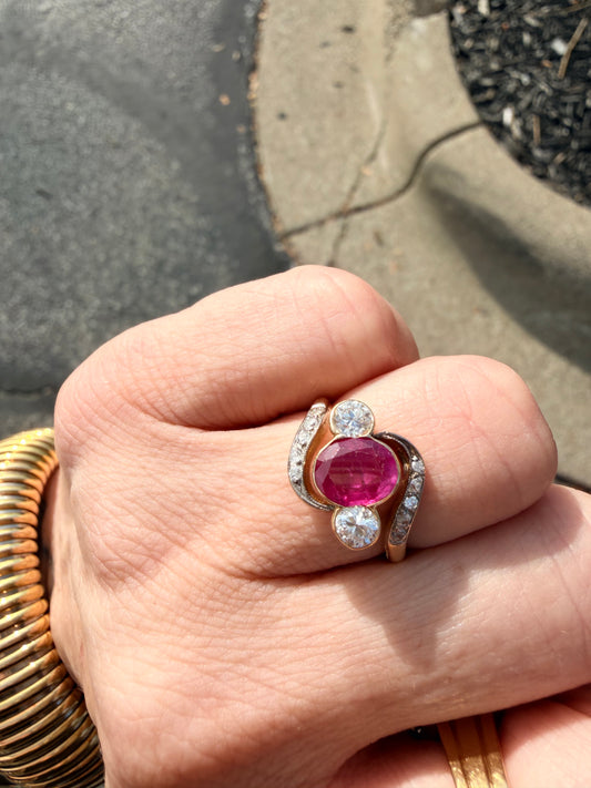 Edwardian Ruby and Diamond Three Stone Twist Ring