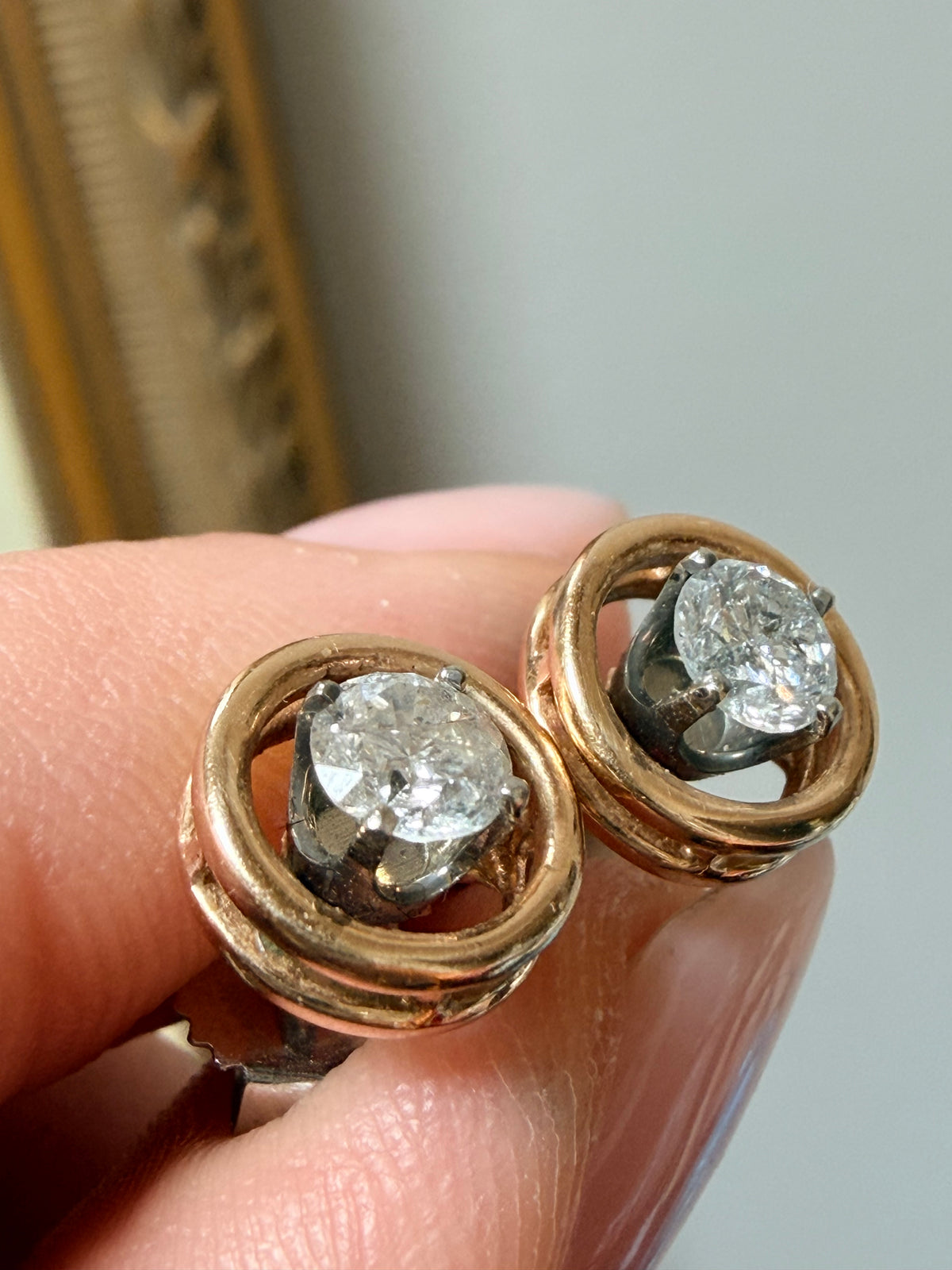 Vintage Two-Tone Diamond Circle Stud Earrings