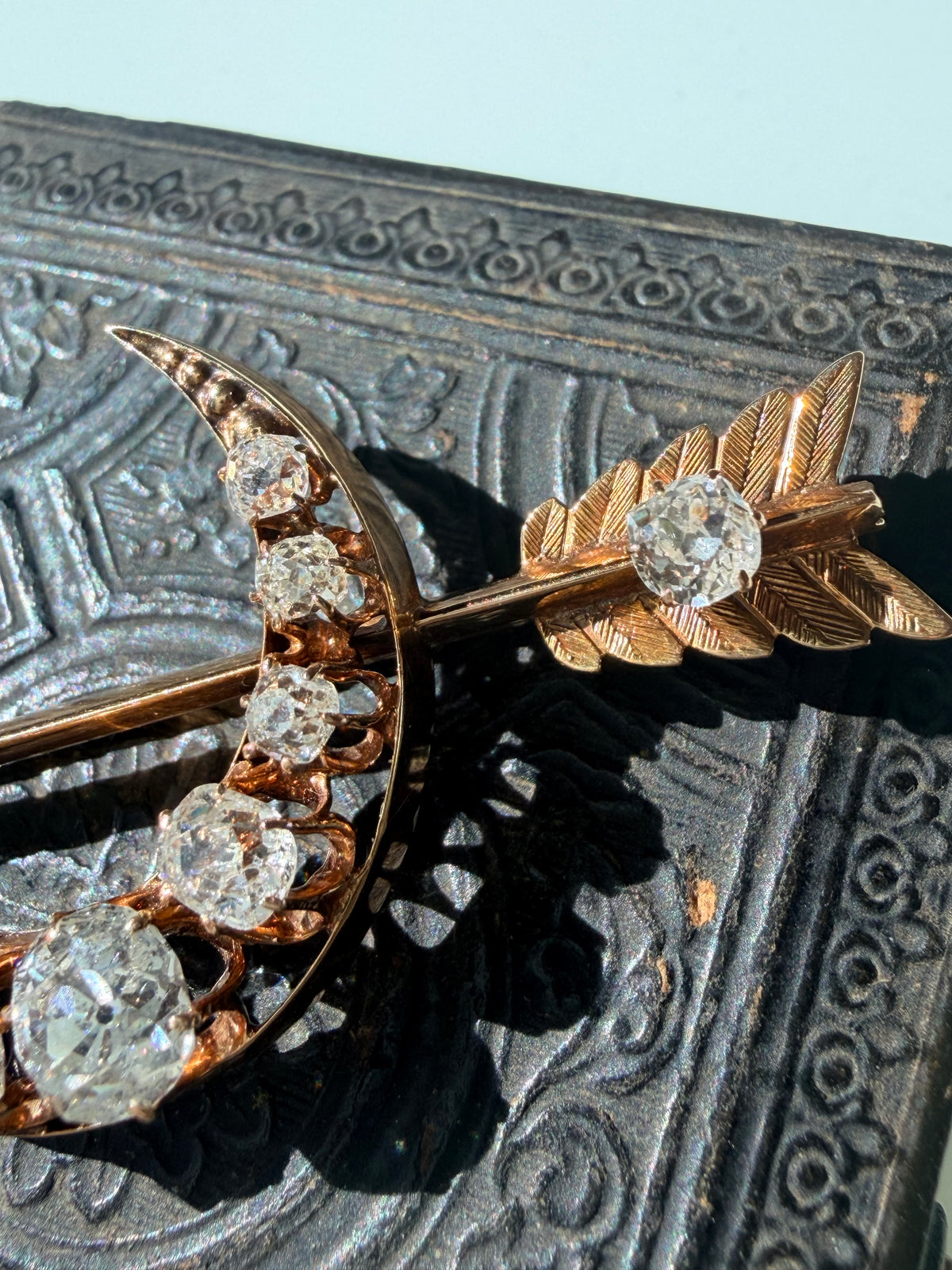 Antique Old Mine Cut Diamond Crescent & Arrow Brooch
