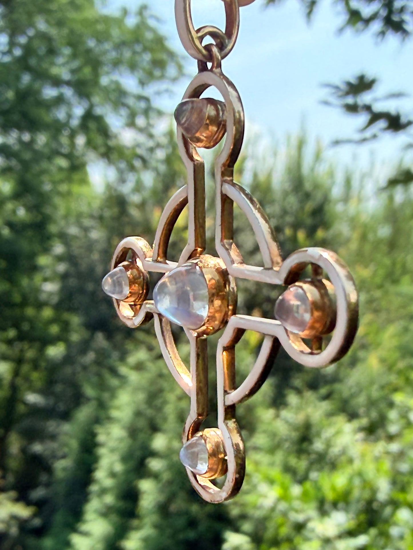 Vintage Moonstone White Enamel Cross Pendant