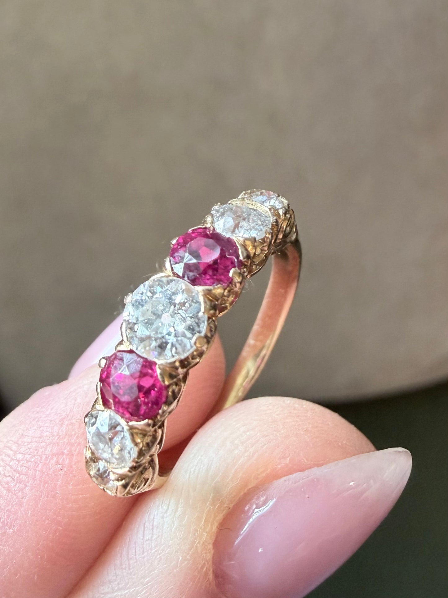 Edwardian Ruby and Diamond Seven Stone Ring