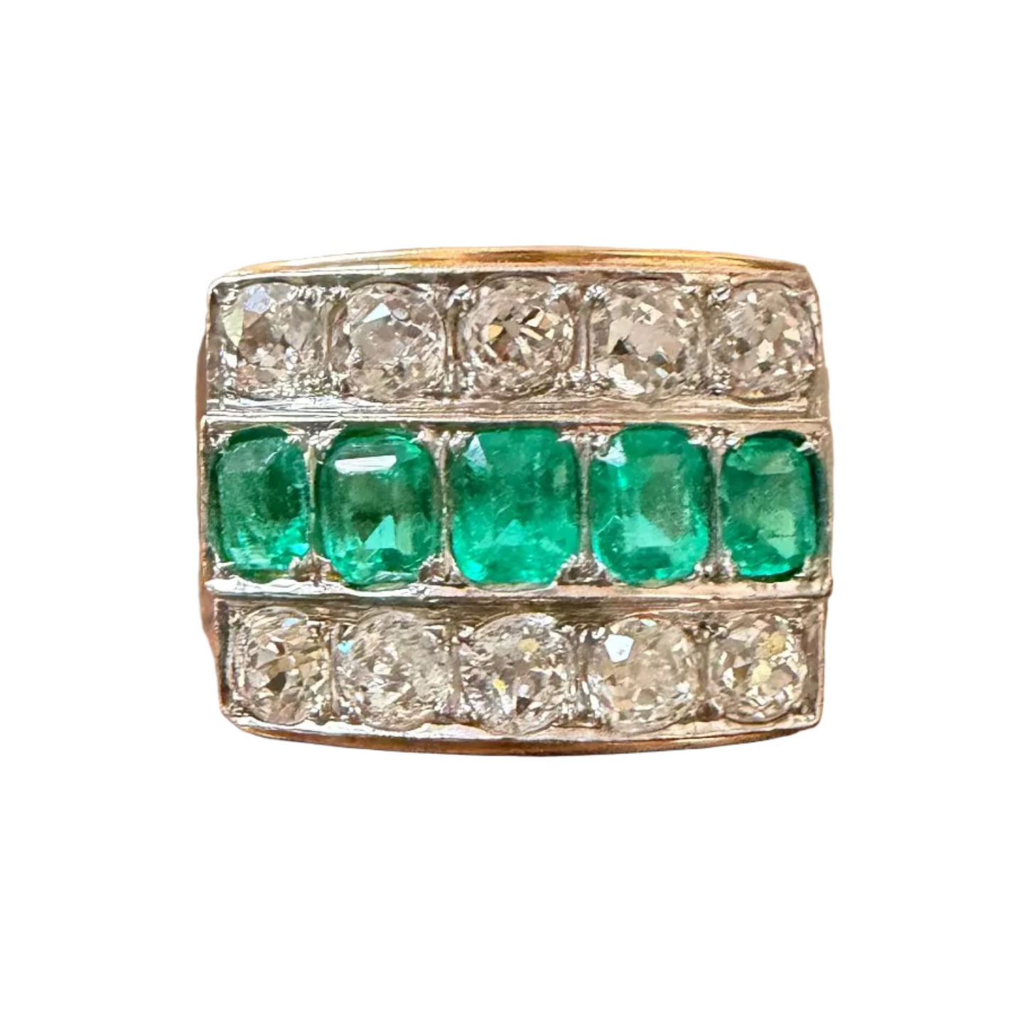 Antique Emerald and Old Mine Cut Diamond Three Row Ring