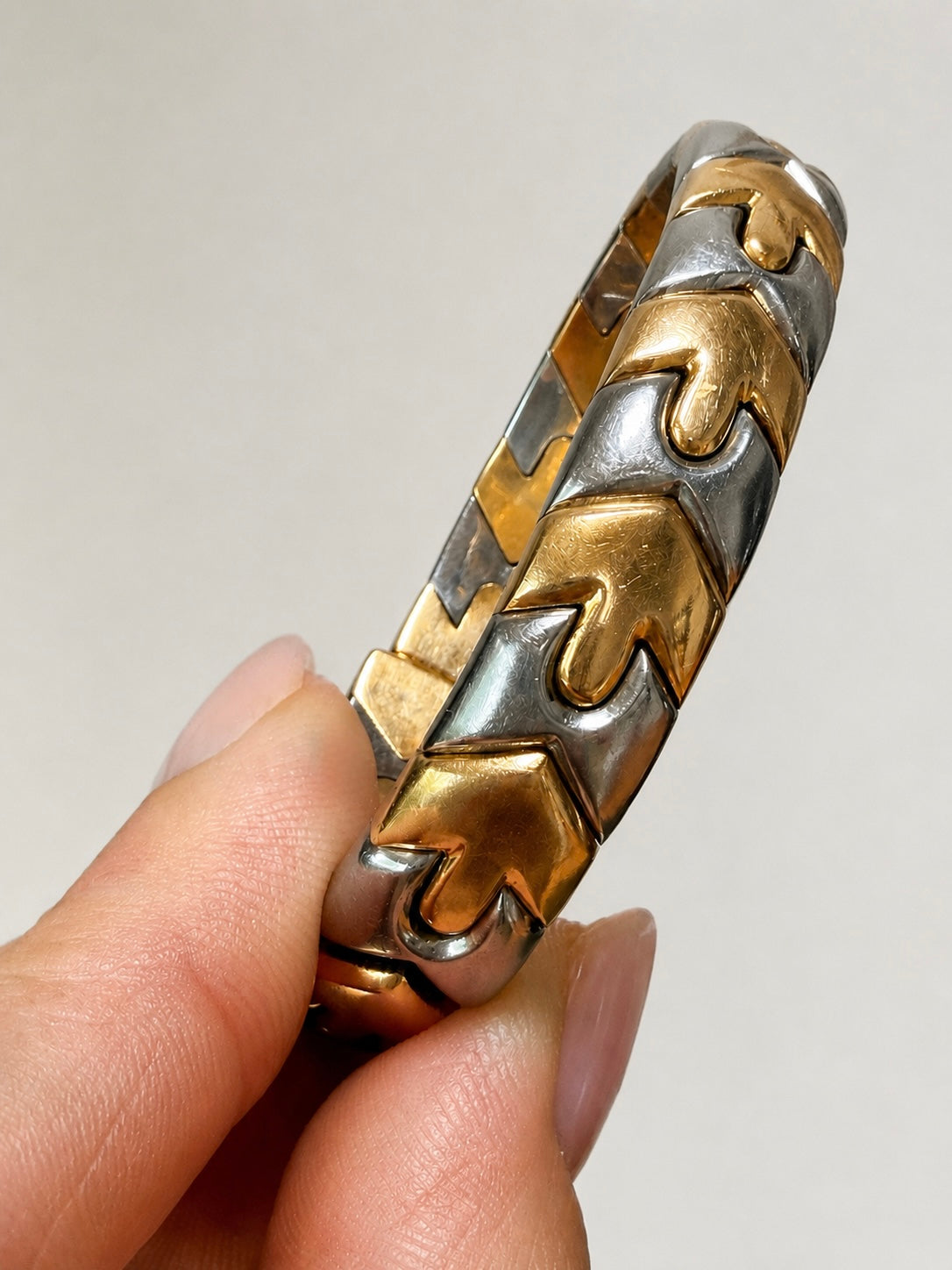 Vintage Bvlgari Gold and Steel Chevron Bracelet