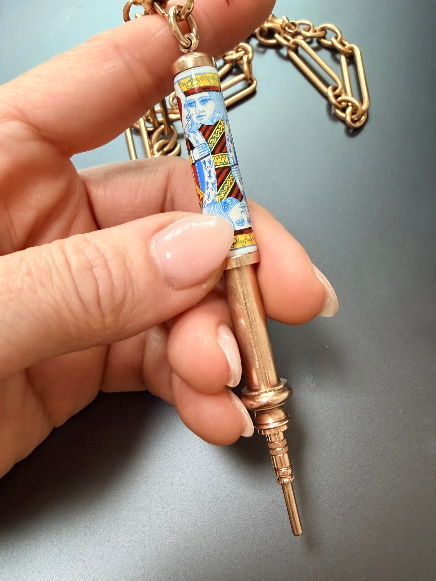 Mid-Century Gold & Enamel King of Hearts Pencil Pendant