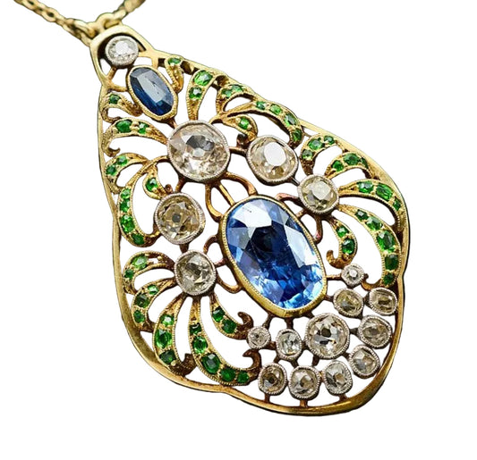 Art Nouveau Sapphire, Diamond and Demantoid Garnet Pendant