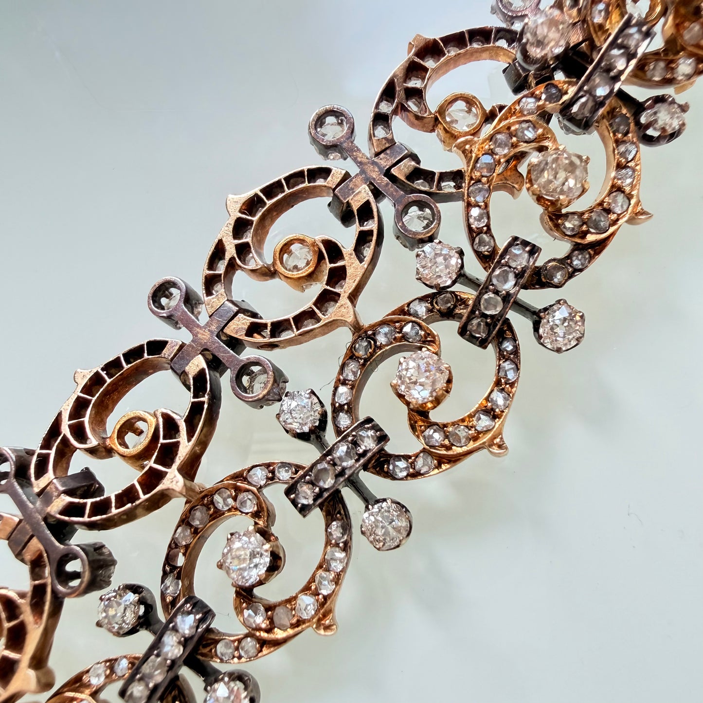 Antique French Diamond Oval & Barbell Link Bracelet, circa 1880s–1900