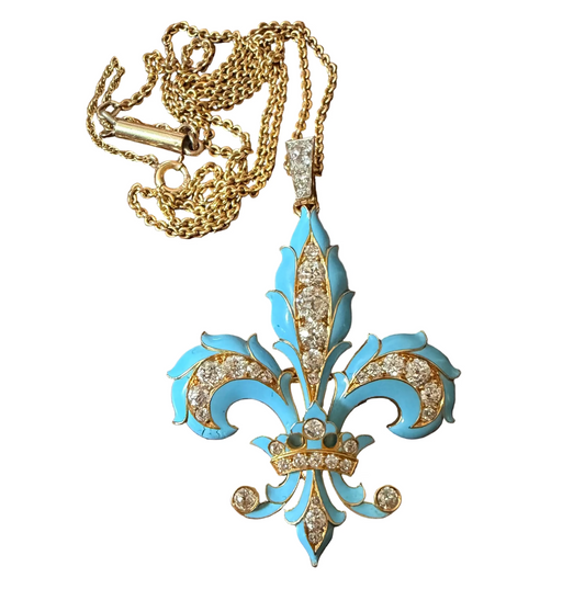 Victorian Enamel and Diamond Fleur-de-Lis Pendant Brooch