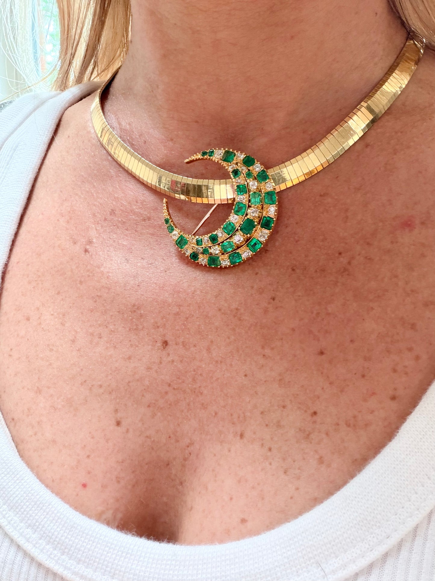 Victorian Colombian Emerald and Old Mine Cut Diamond Crescent Brooch