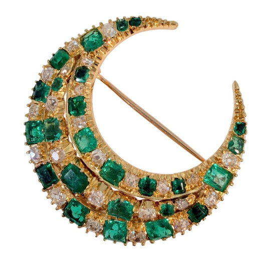 Victorian Colombian Emerald and Old Mine Cut Diamond Crescent Brooch