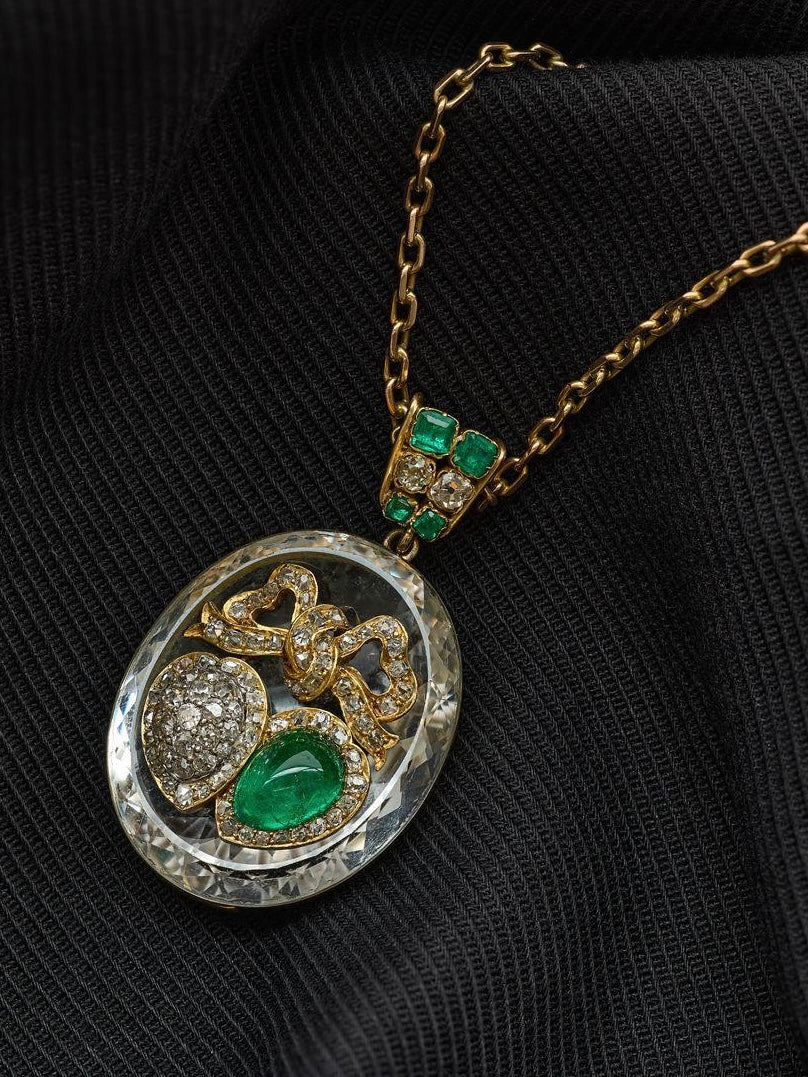 Victorian Rock Crystal, Emerald & Diamond Heart Pendant