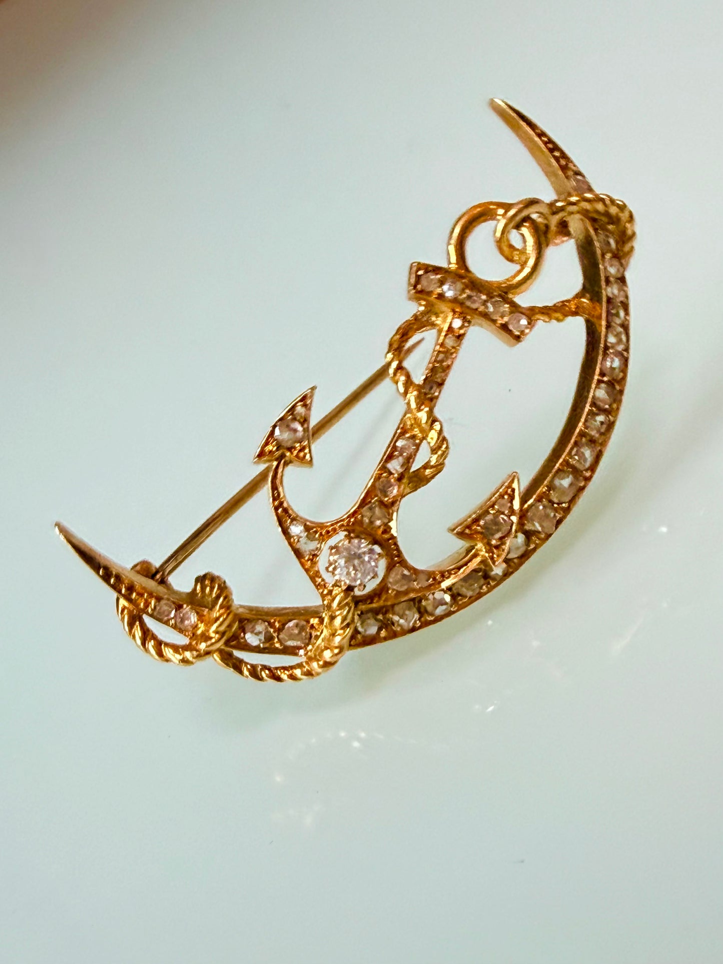 Victorian Diamond Anchor and Moon Brooch