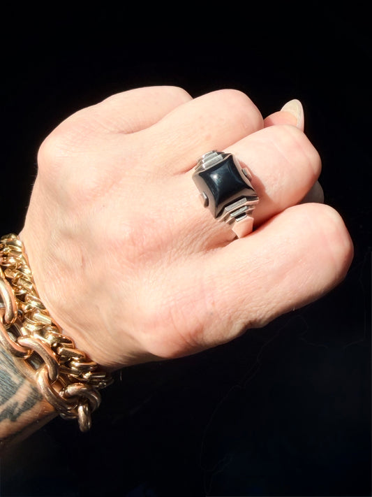 Art Deco Rare Jean Després Onyx and Silver Ring - Circa 1929