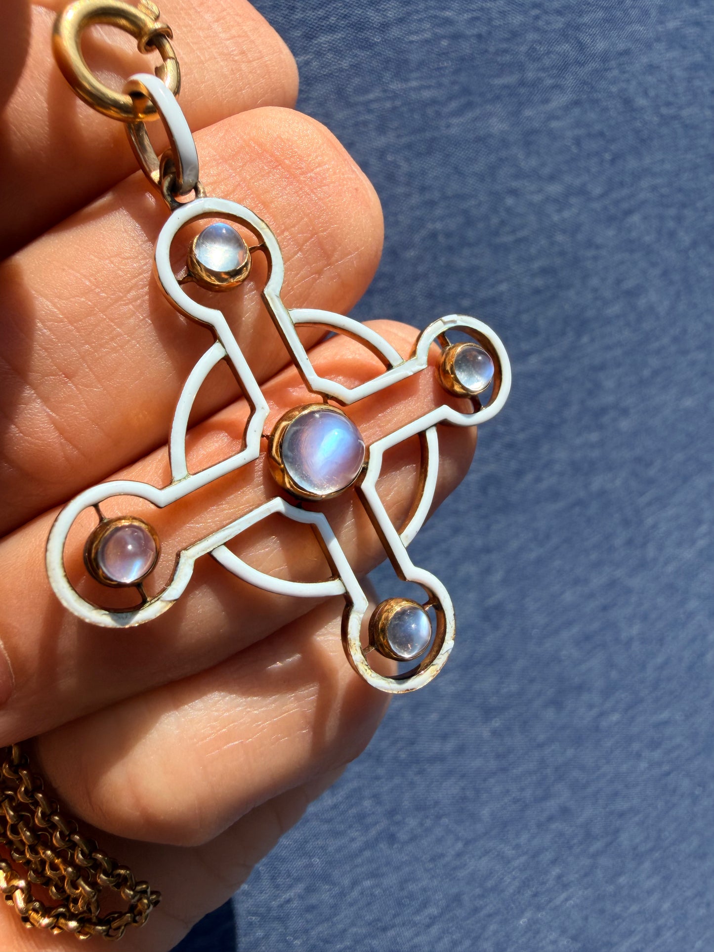 Vintage Moonstone White Enamel Cross Pendant