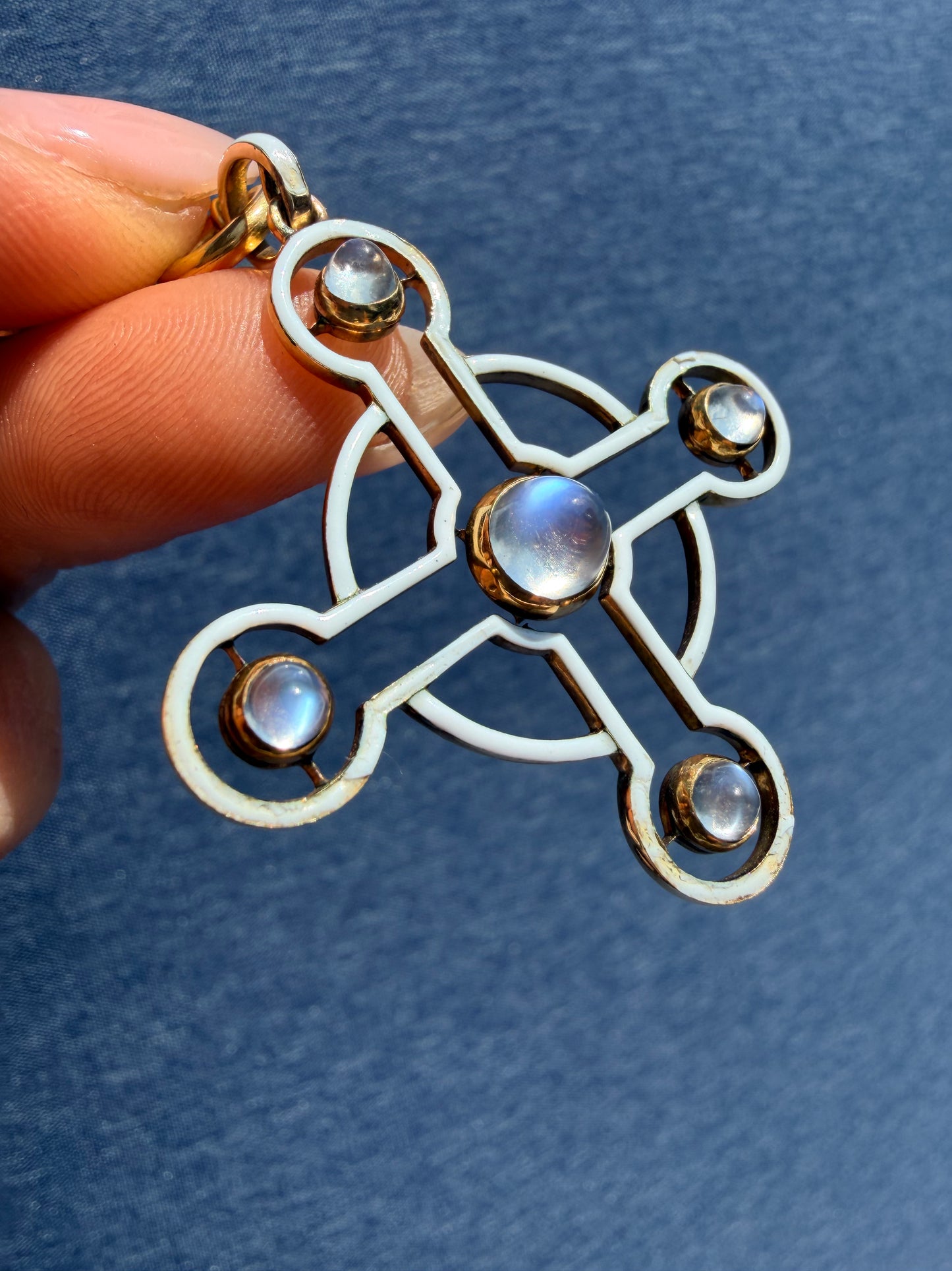 Vintage Moonstone White Enamel Cross Pendant