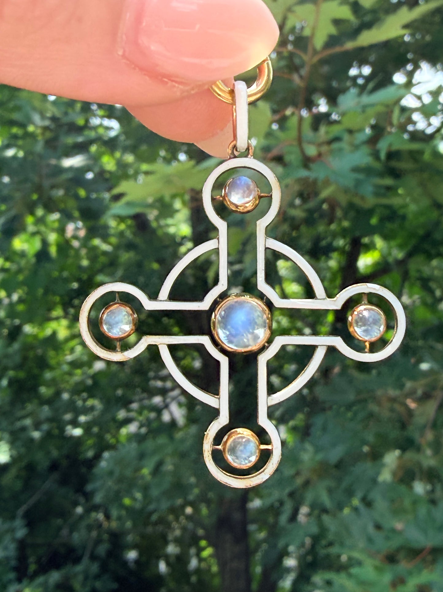 Vintage Moonstone White Enamel Cross Pendant