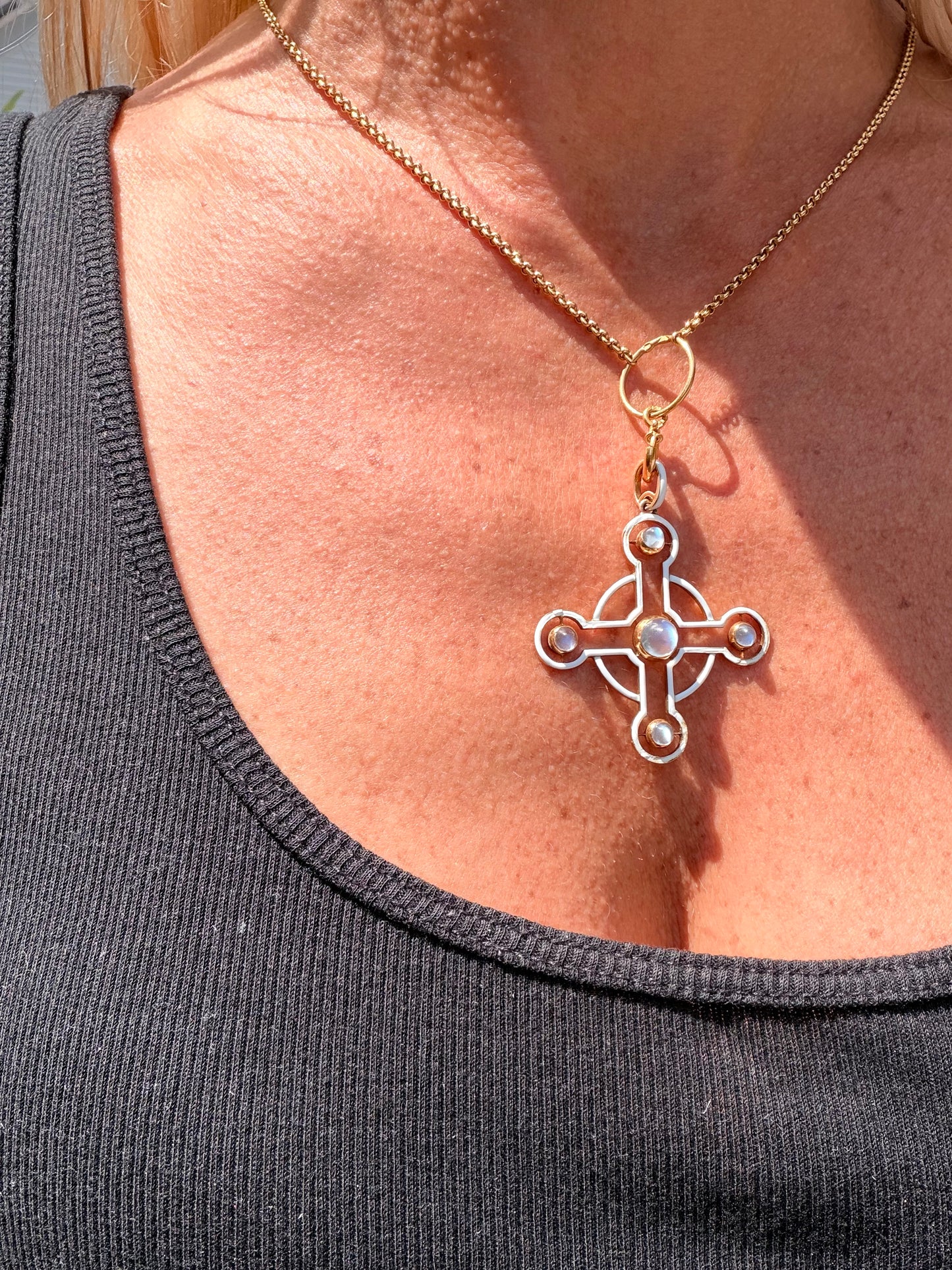 Vintage Moonstone White Enamel Cross Pendant