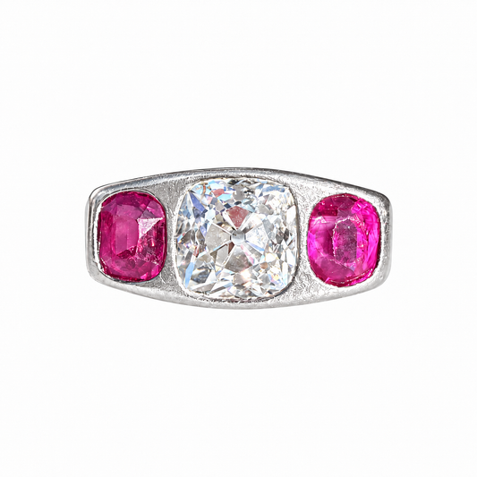 Art Deco Ruby and Diamond Three Stone Flush Set Ring