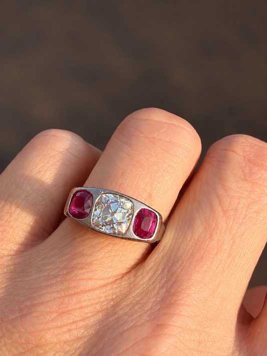 Art Deco Ruby and Diamond Three Stone Flush Set Ring