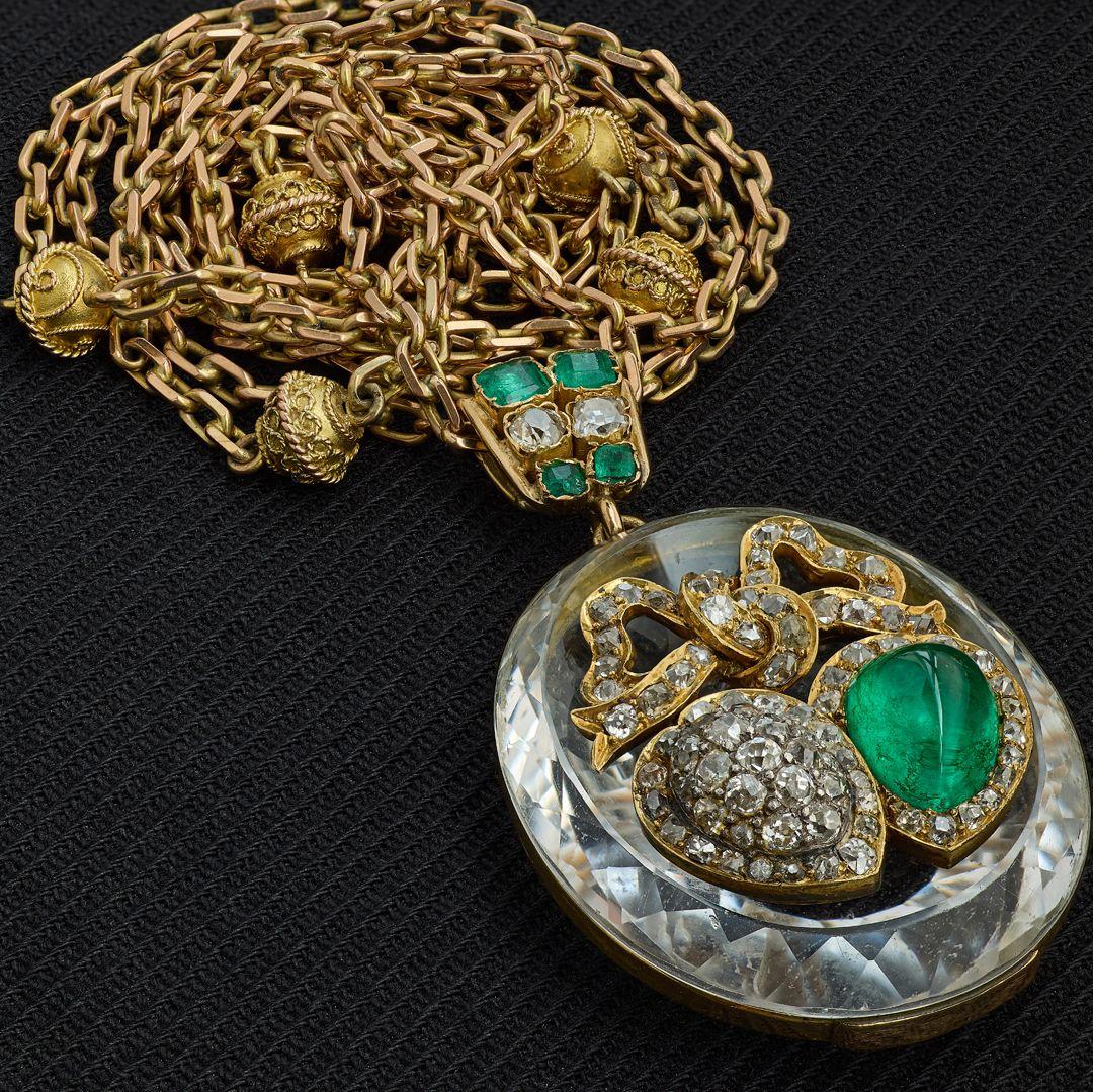 Victorian Rock Crystal, Emerald & Diamond Heart Pendant