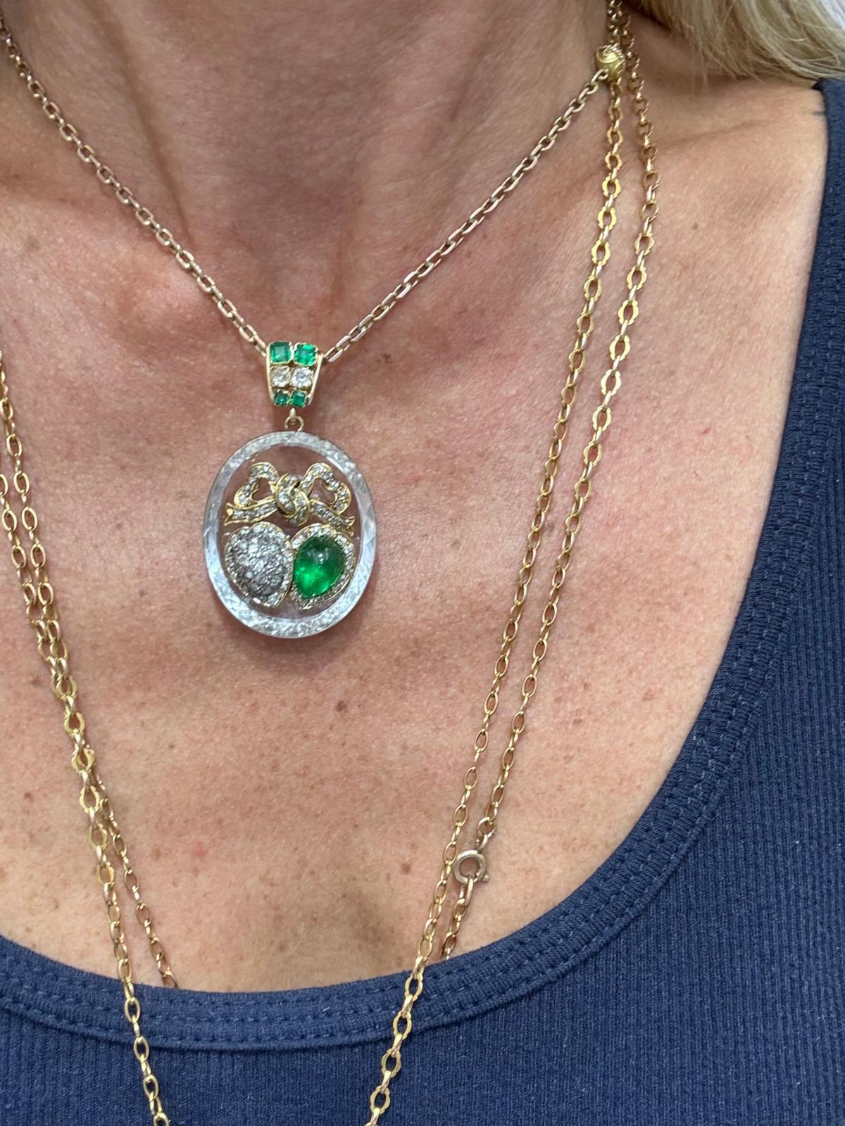 Victorian Rock Crystal, Emerald & Diamond Heart Pendant