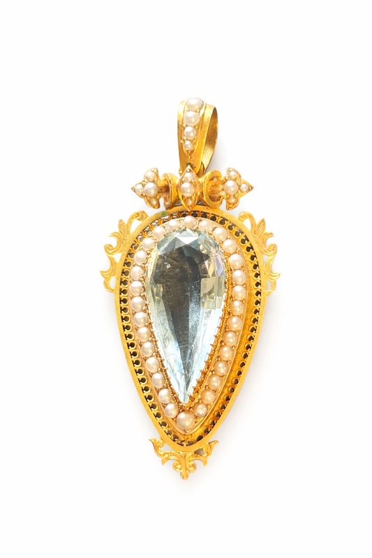 Victorian Aquamarine and Pearl Pear Shape Pendant