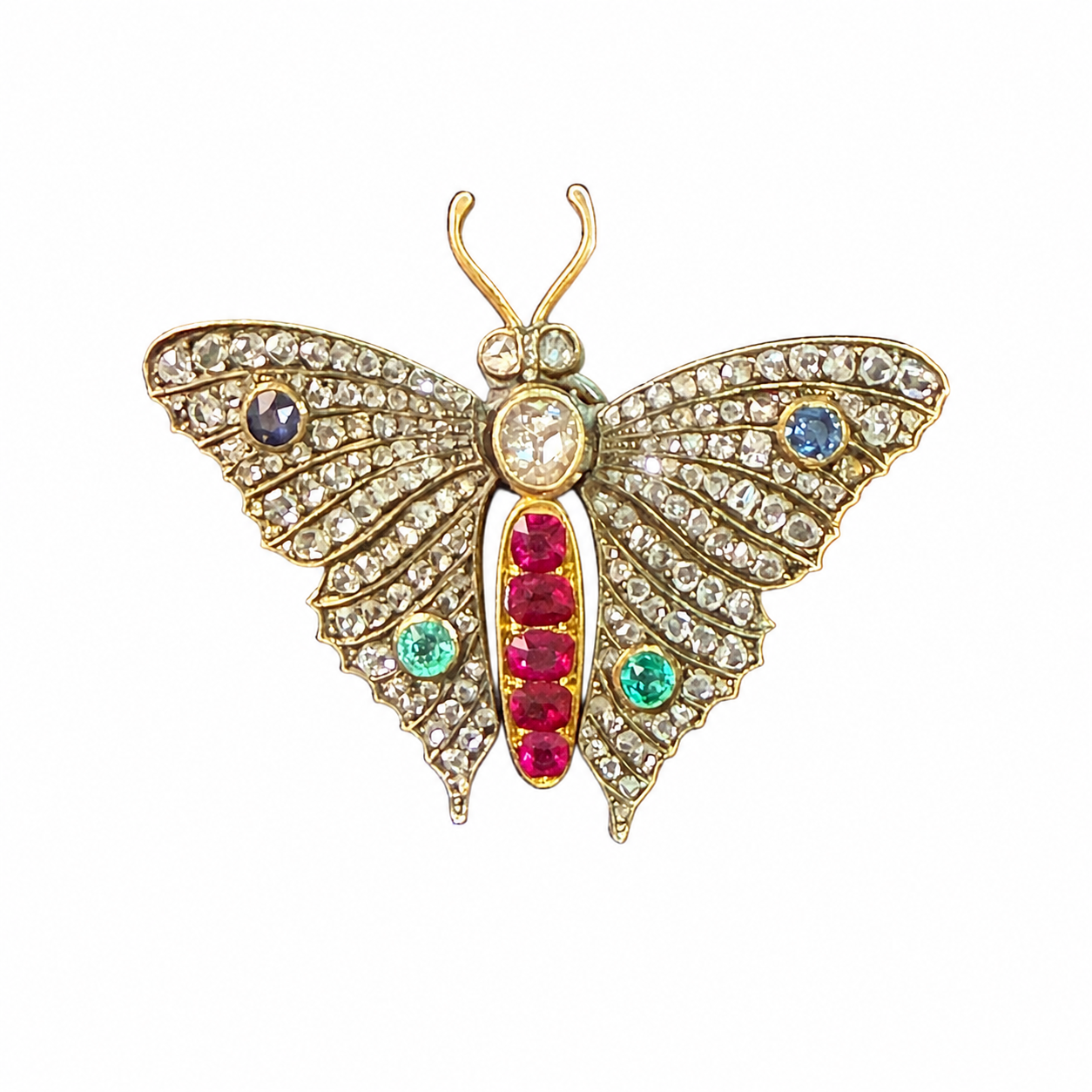 Antique French Multi Gem-Set Diamond Butterfly Brooch