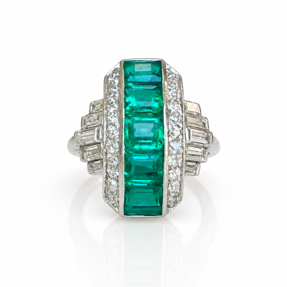 Art Deco Emerald and Diamond Platinum Dress Ring, circa 1920s