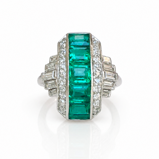 Art Deco Emerald and Diamond Platinum Dress Ring, circa 1920s