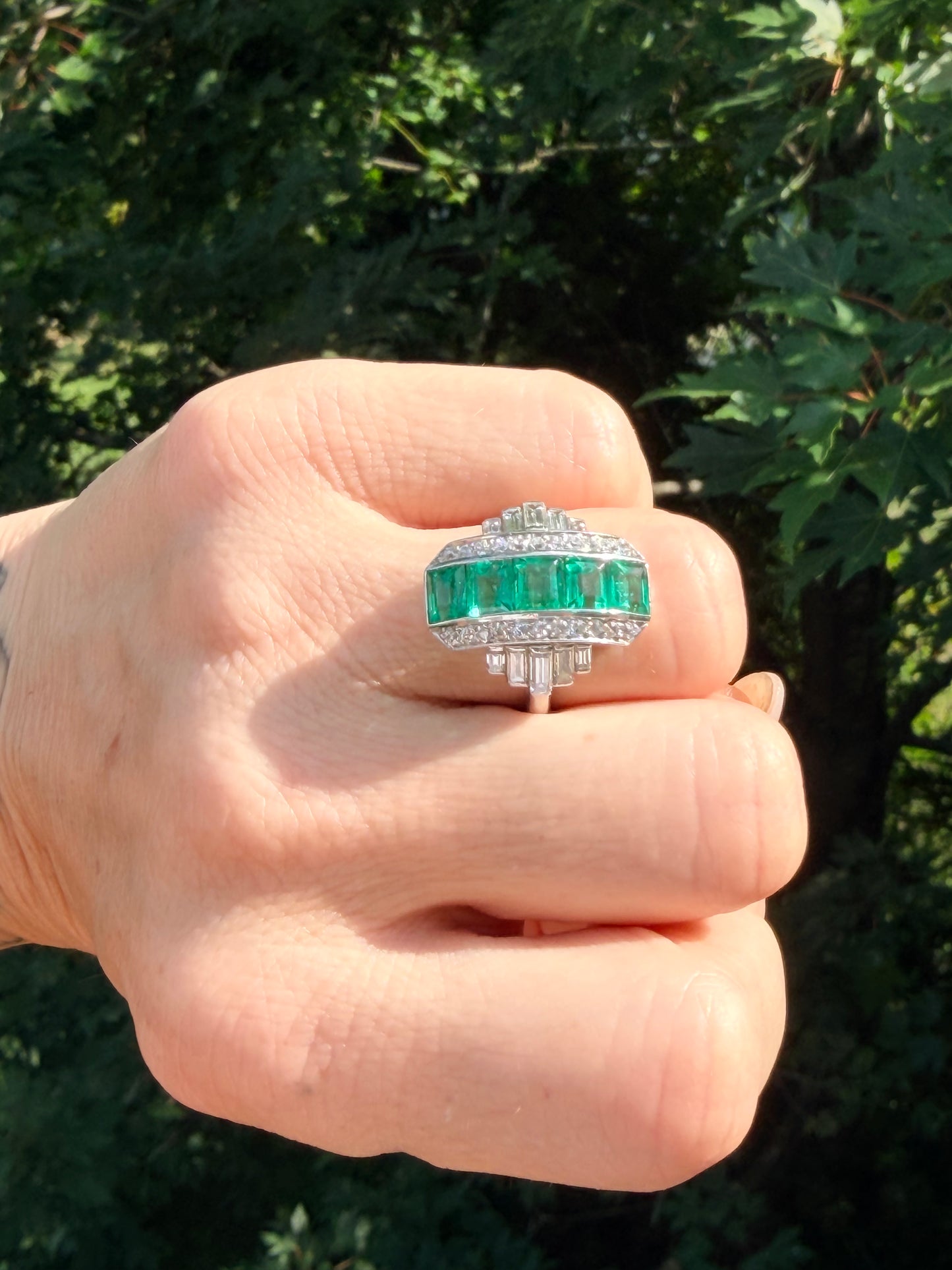 Art Deco Emerald and Diamond Platinum Dress Ring, circa 1920s
