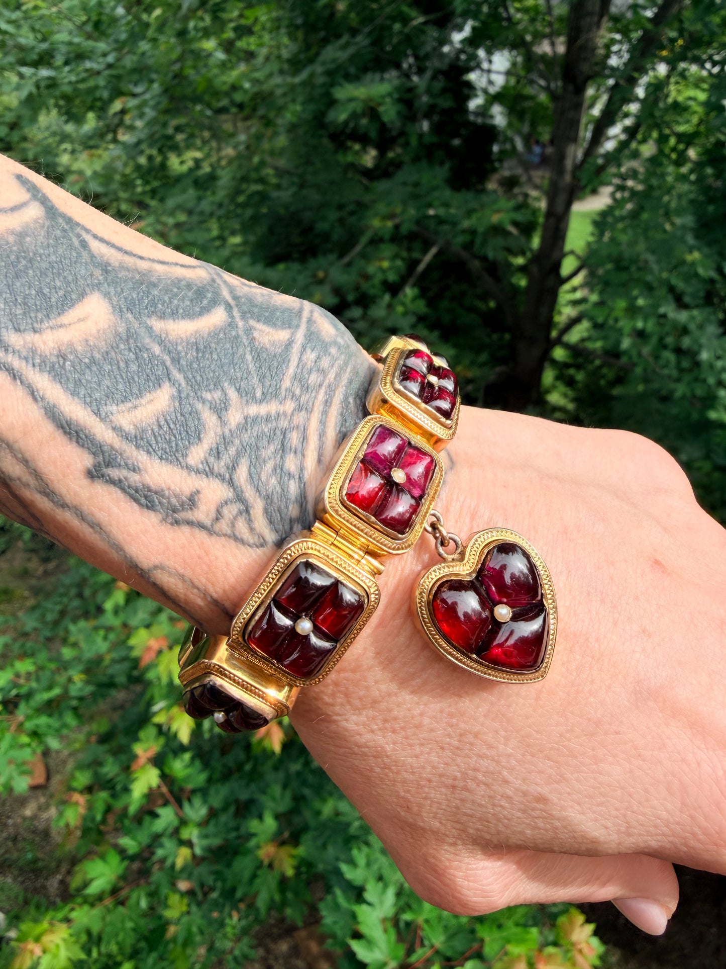 Victorian Garnet Heart Locket Bracelet