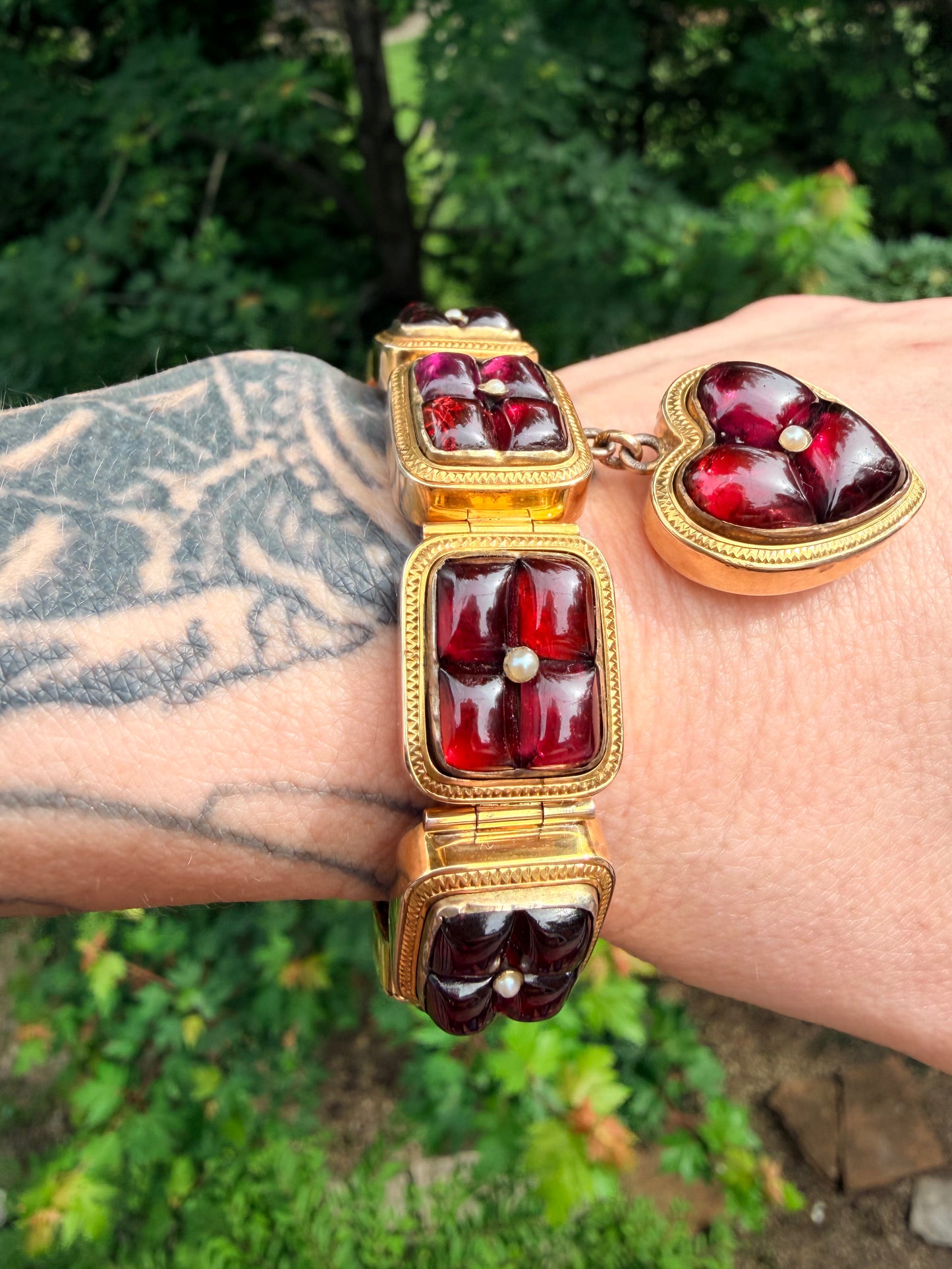 Victorian Garnet Heart Locket Bracelet