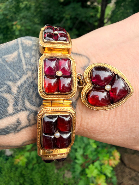 Victorian Garnet Heart Locket Bracelet