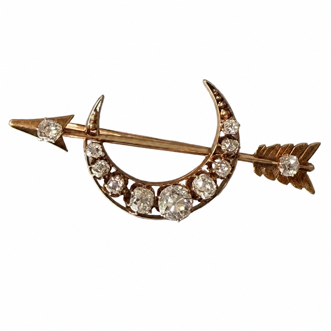 Antique Old Mine Cut Diamond Crescent & Arrow Brooch