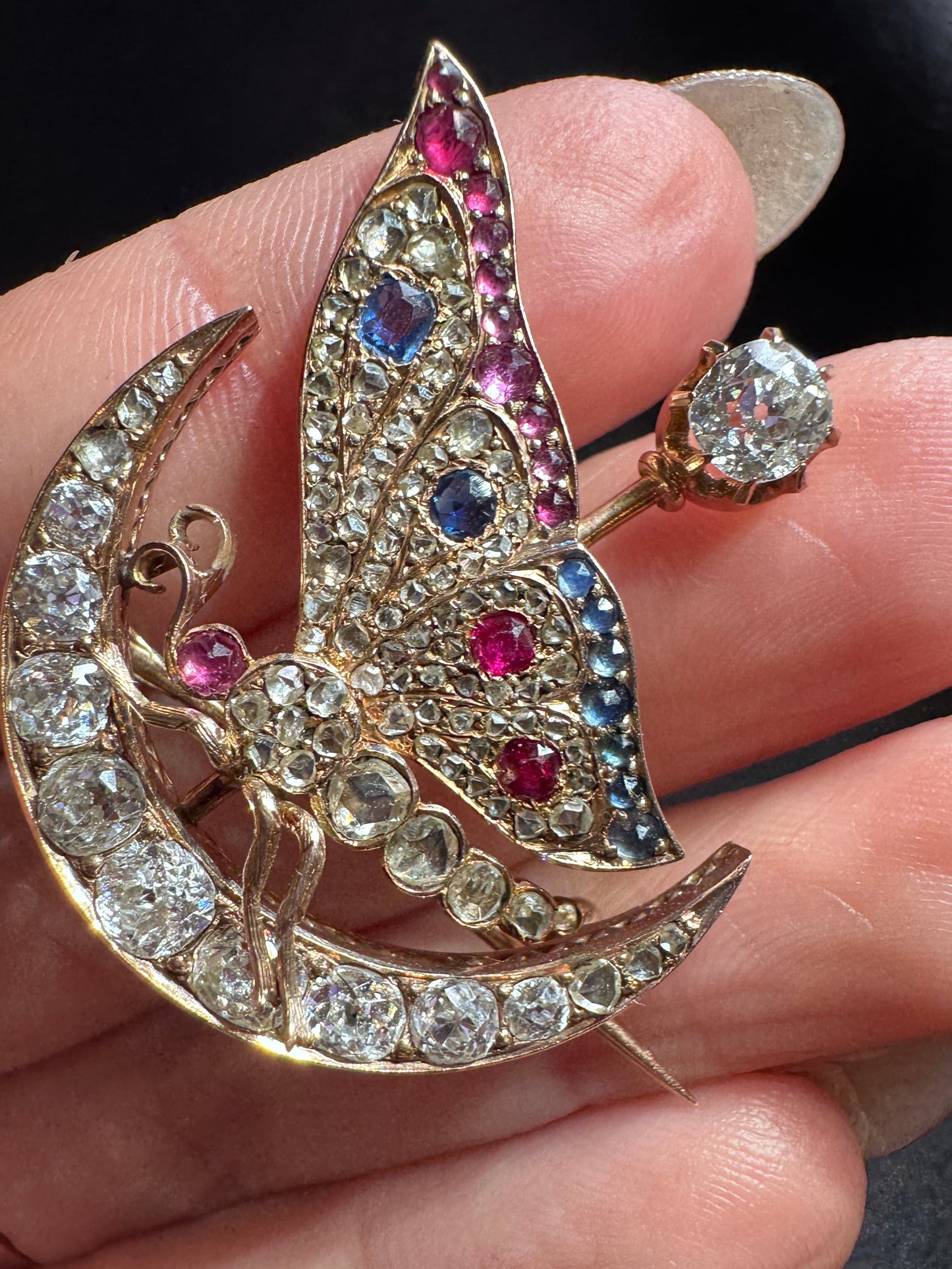 Victorian Butterfly Crescent Diamond and Gemstone Brooch