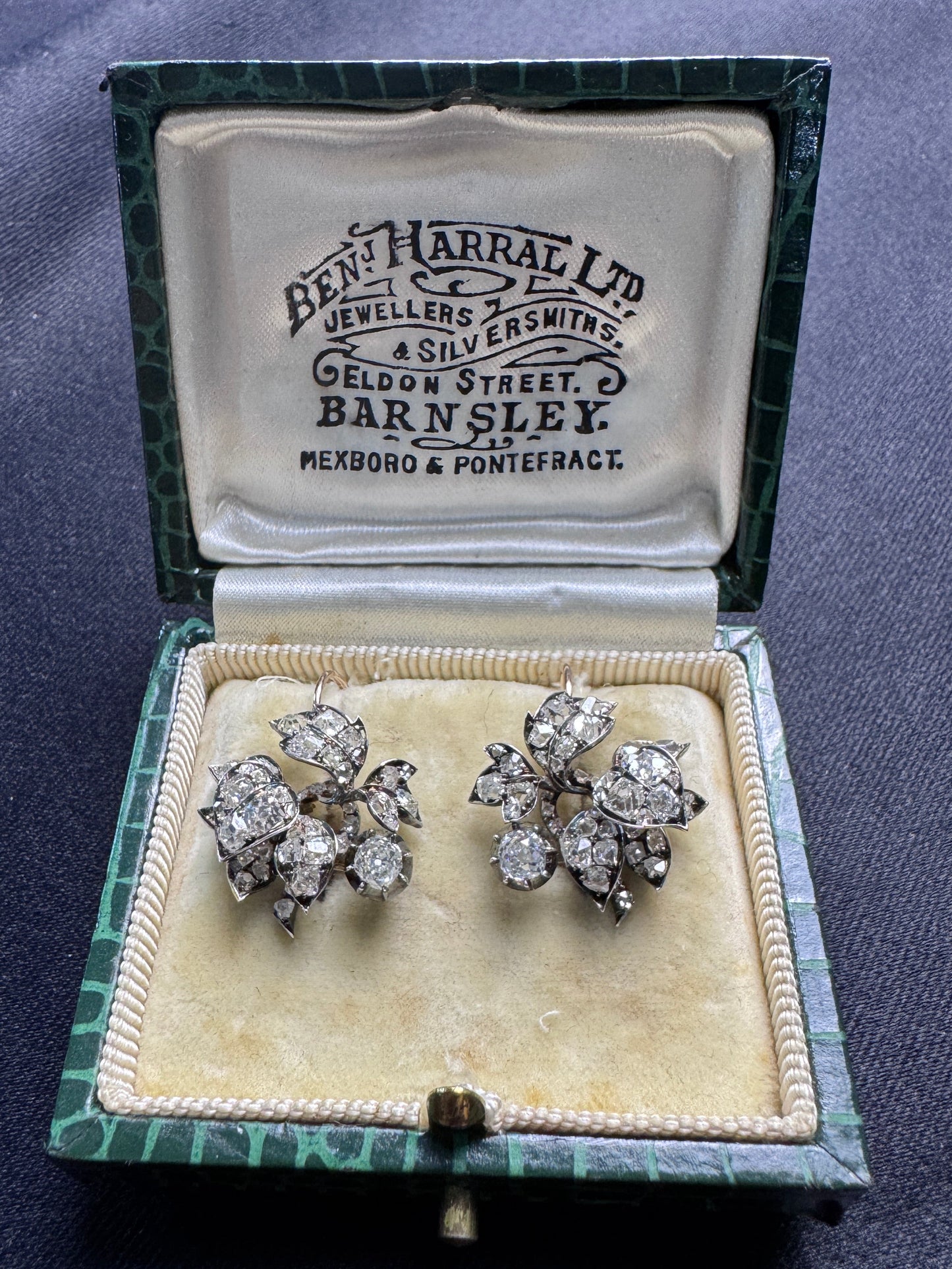 Victorian Old Mine Cut Diamond Floral Earrings and Pendants