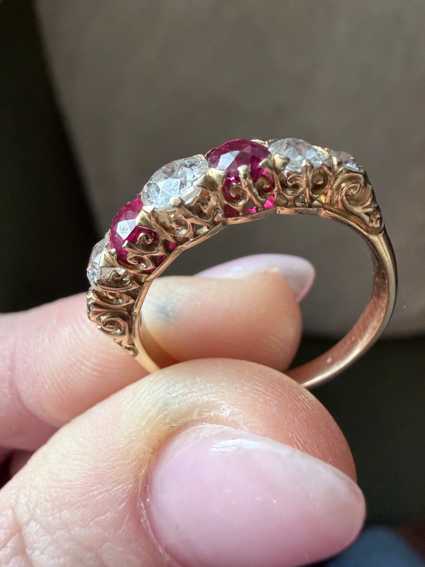 Edwardian Ruby and Diamond Seven Stone Ring
