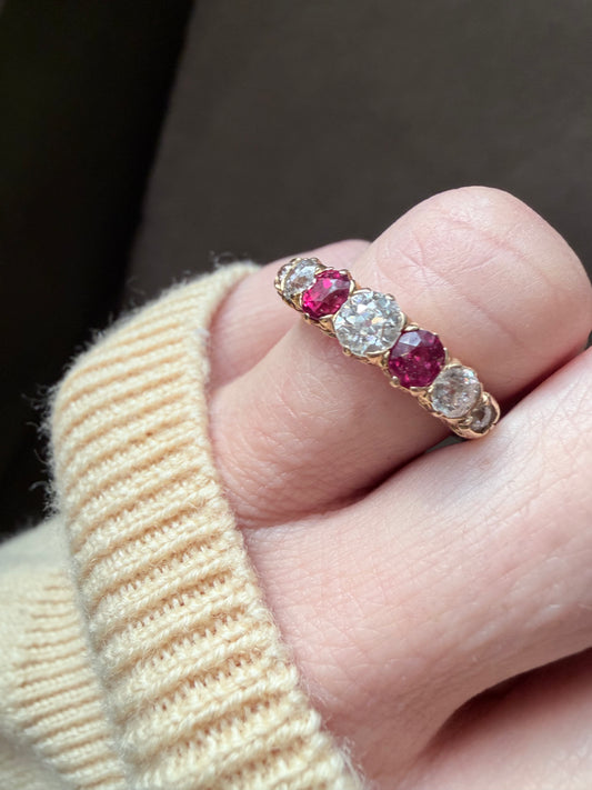 Edwardian Ruby and Diamond Seven Stone Ring