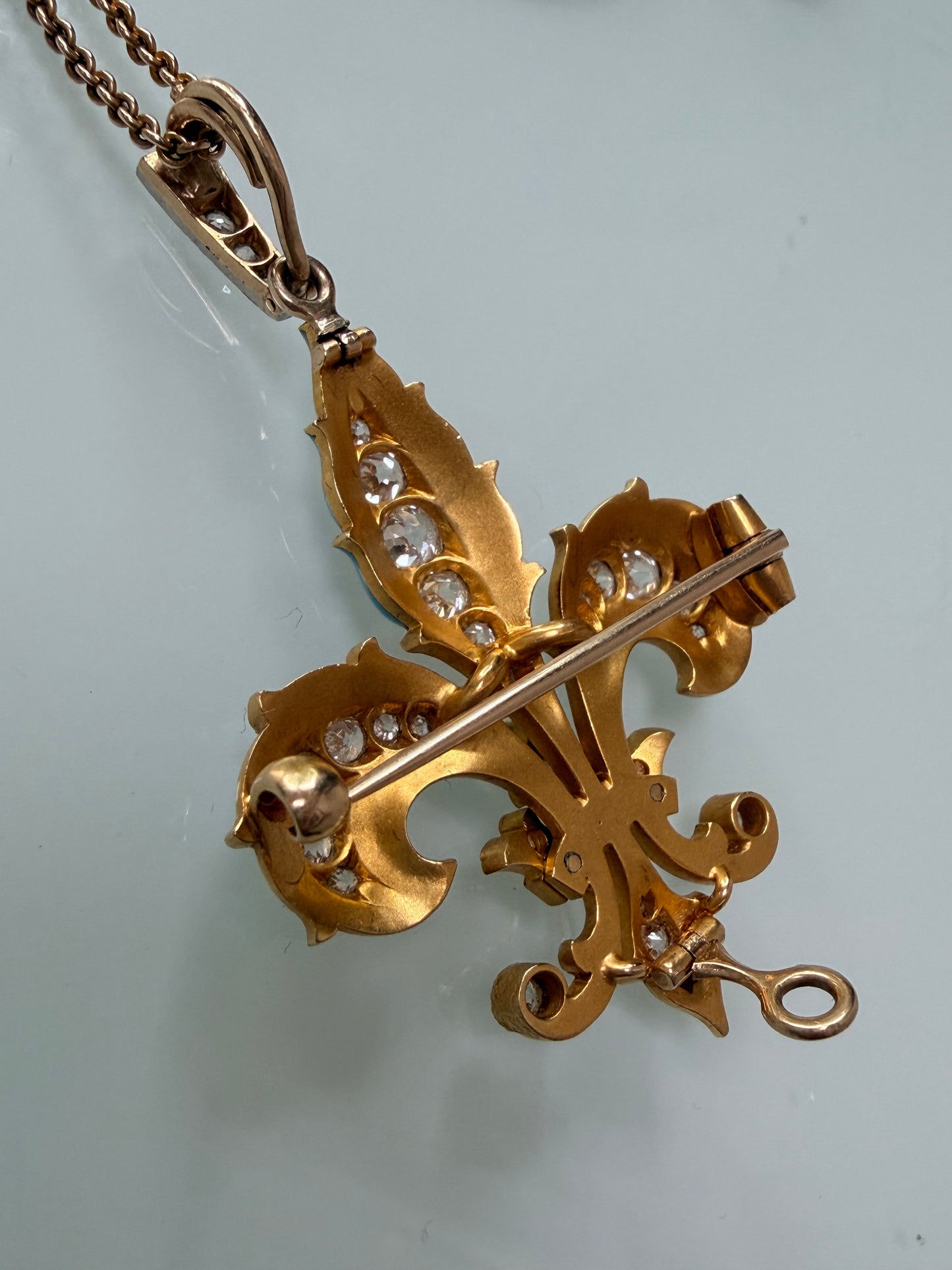 Victorian Enamel and Diamond Fleur-de-Lis Pendant Brooch