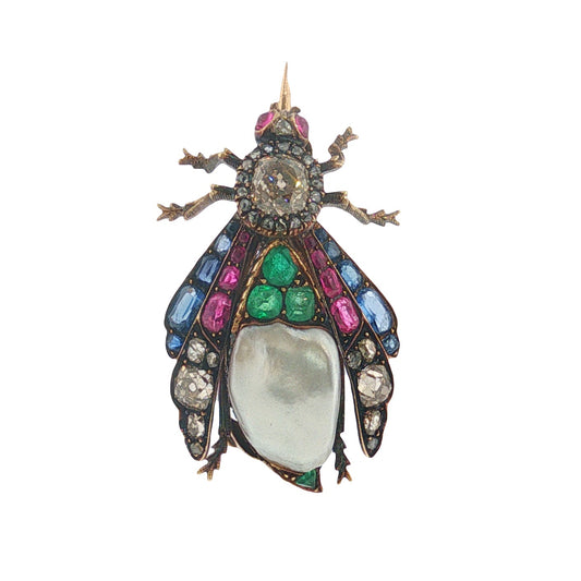 Victorian Natural Pearl and Gemset Bug Brooch