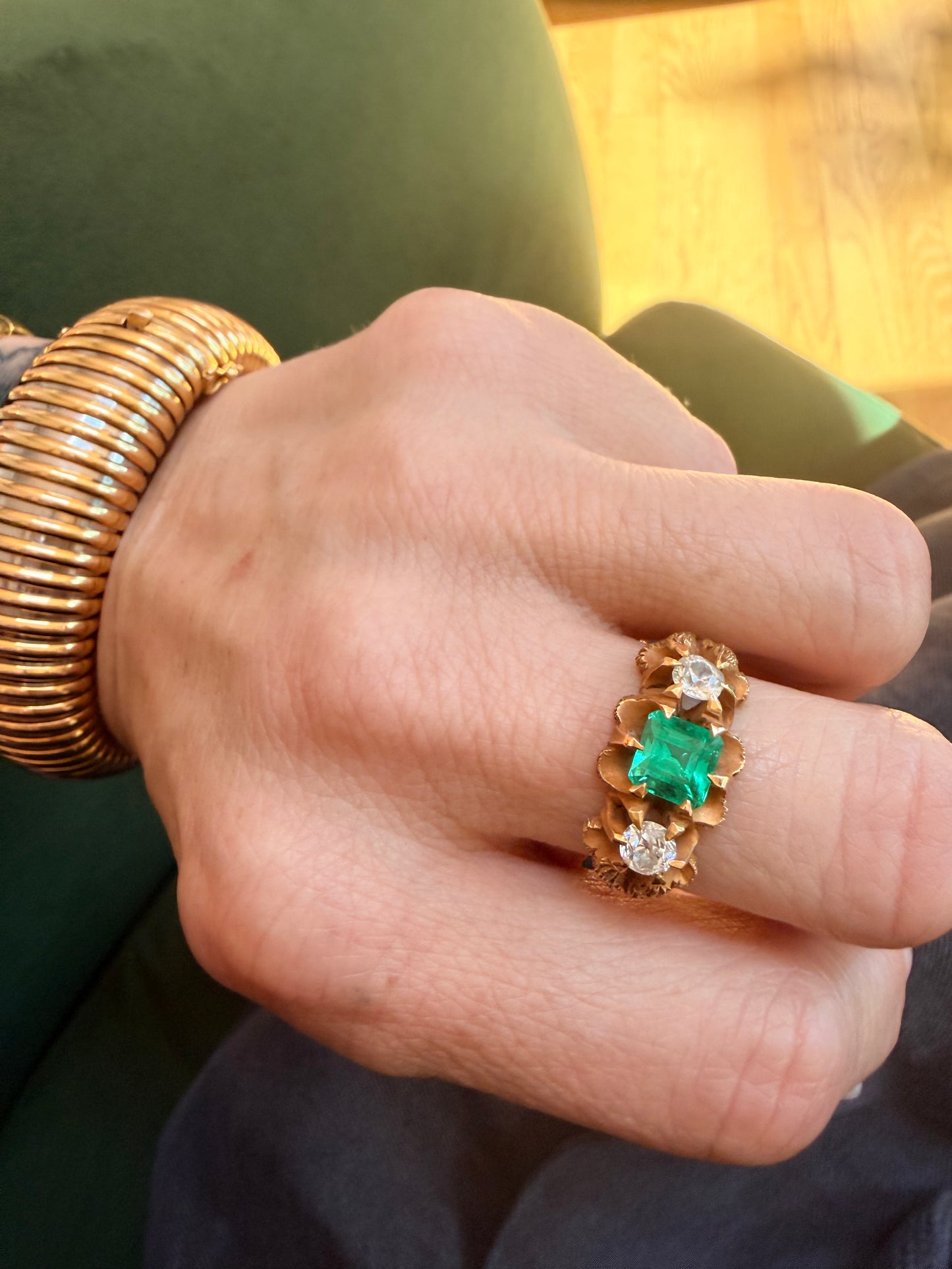 Vintage Emerald & Diamond Floral Ring