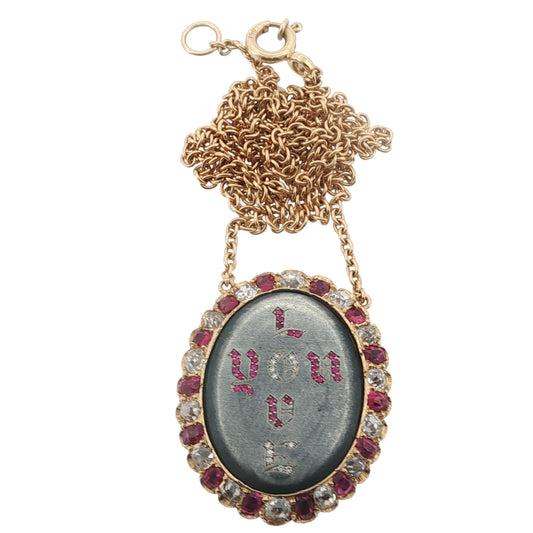 Burmese Ruby and Old Mine Cut Diamond “Love You” Epigram Necklace