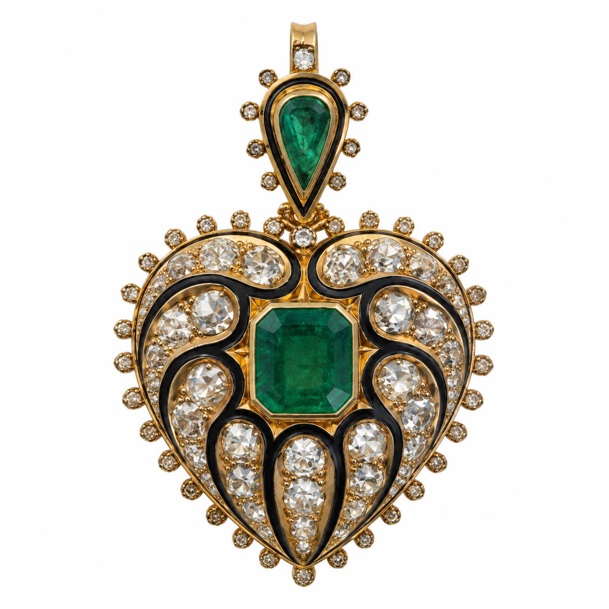 Antique Emerald, Diamond and Enamel Heart Pendant