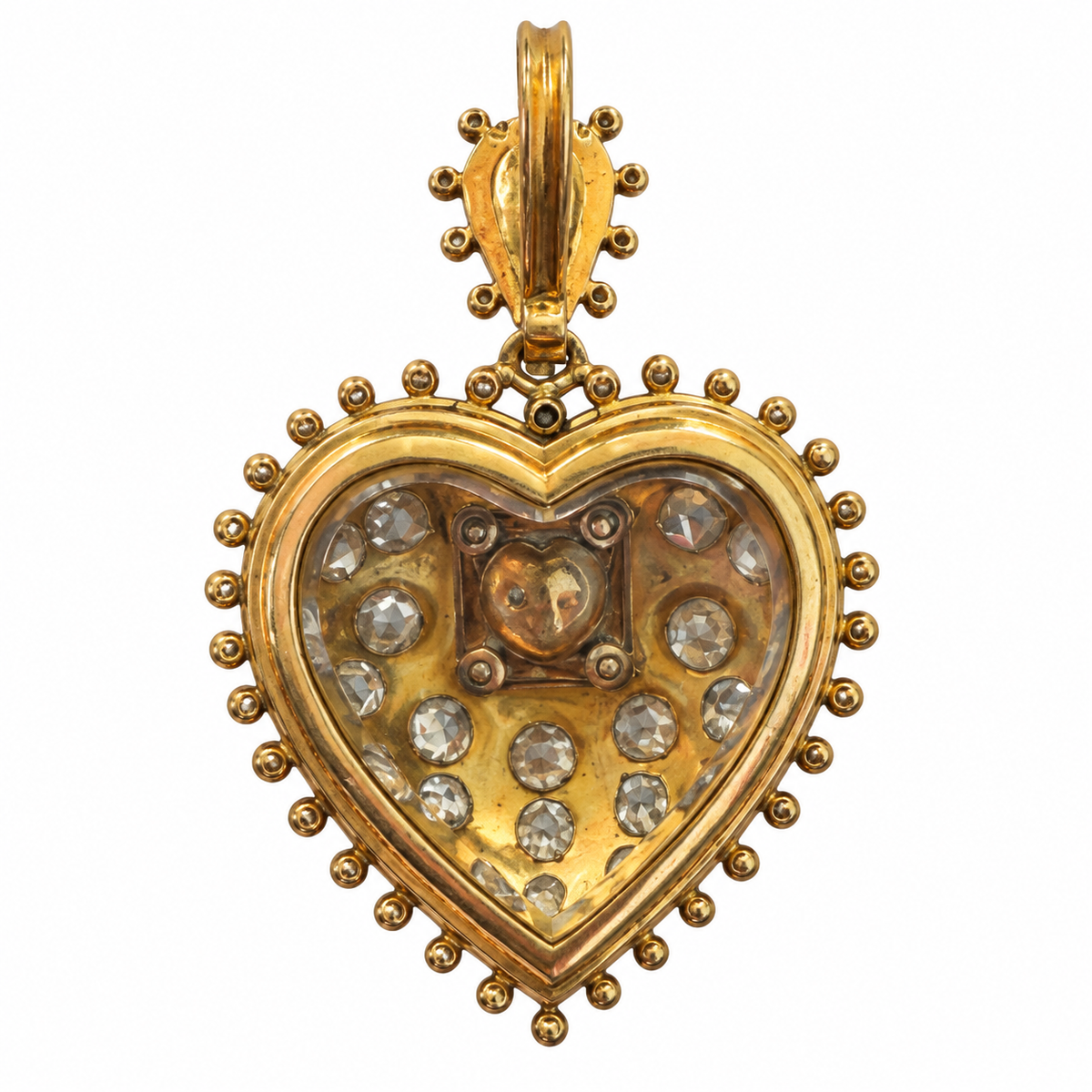 Antique Emerald, Diamond and Enamel Heart Pendant