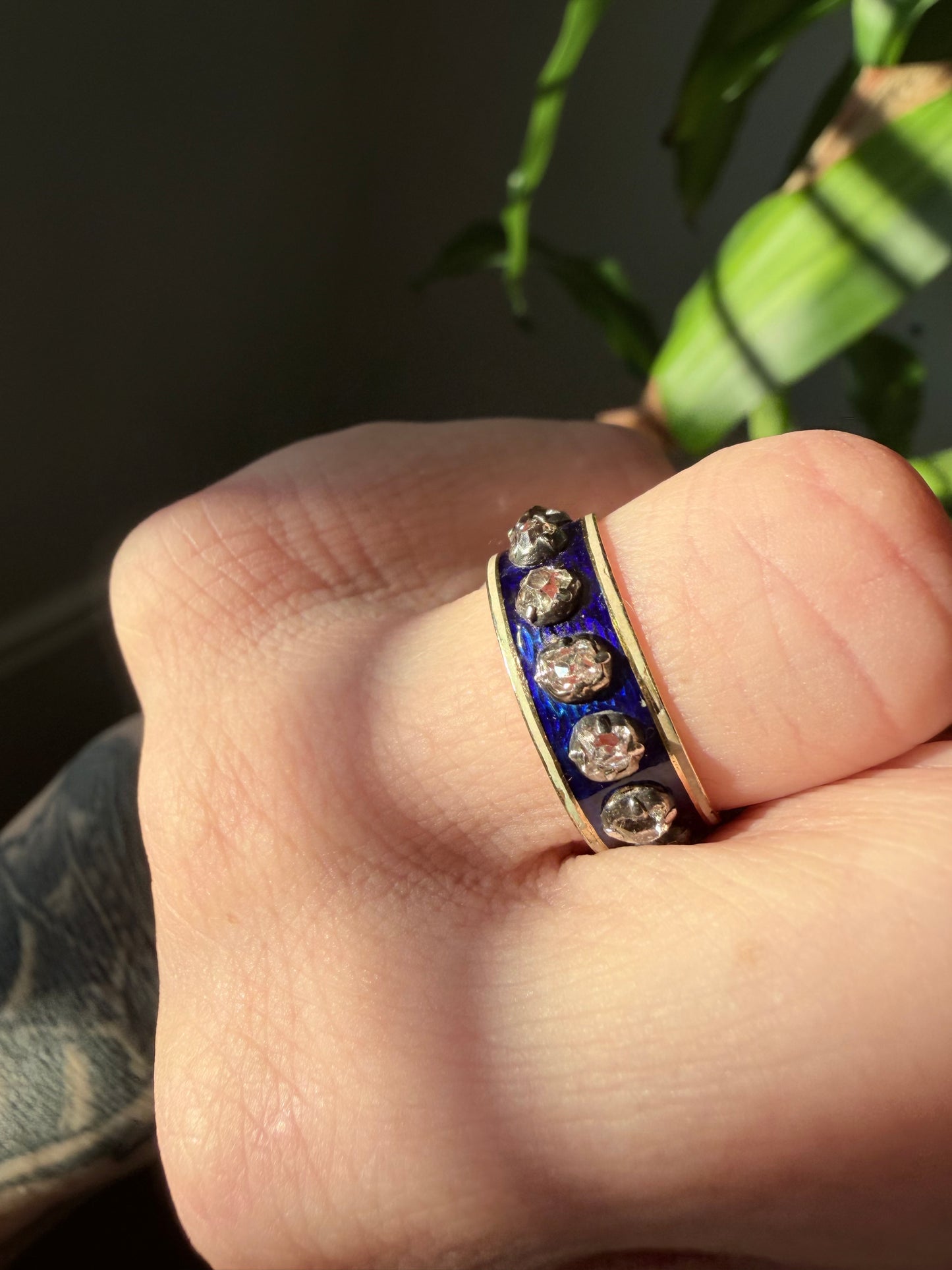 Antique Old Mine Cut and Peruzzi Cut Enamel Band