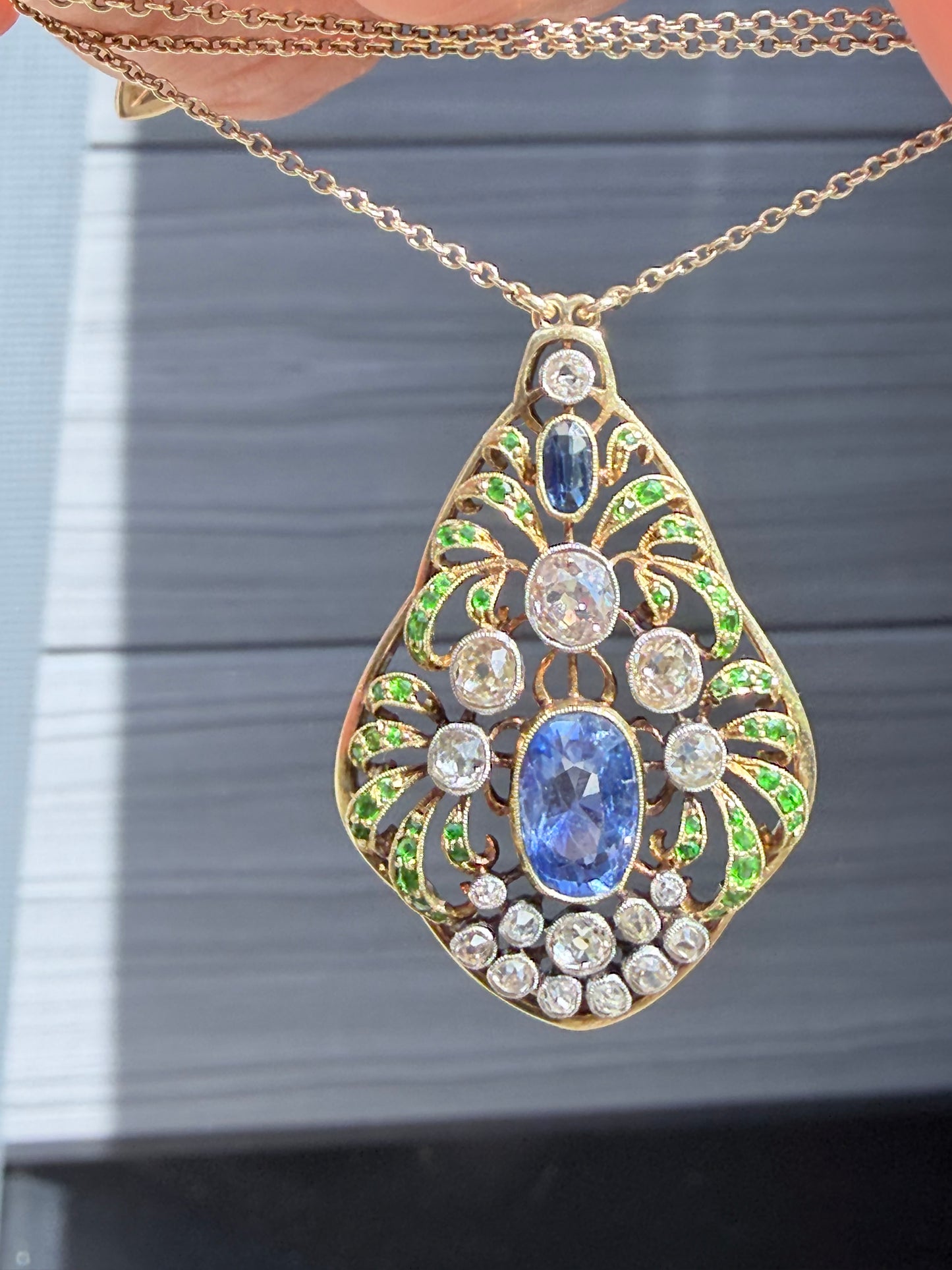 Art Nouveau Sapphire, Diamond and Demantoid Garnet Pendant