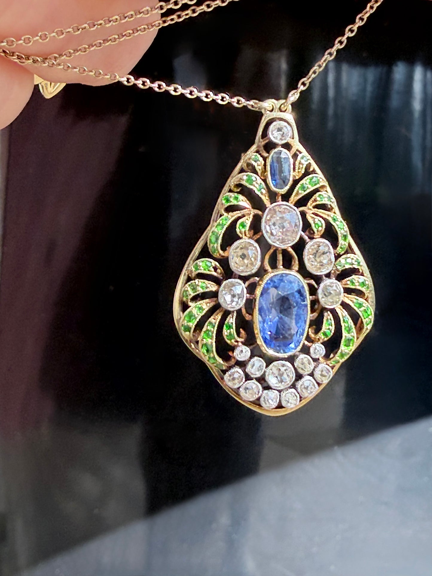 Art Nouveau Sapphire, Diamond and Demantoid Garnet Pendant