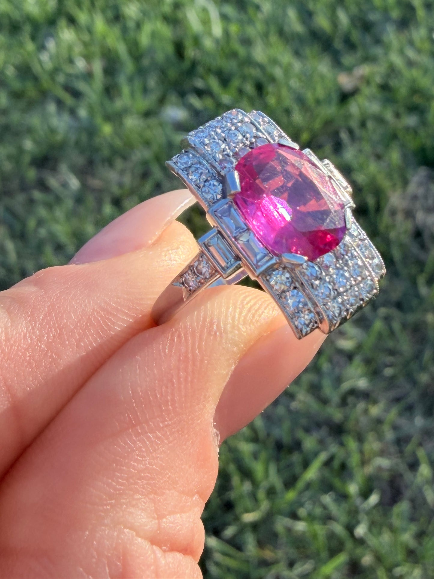Art Deco Pink Sapphire and Diamond Ring