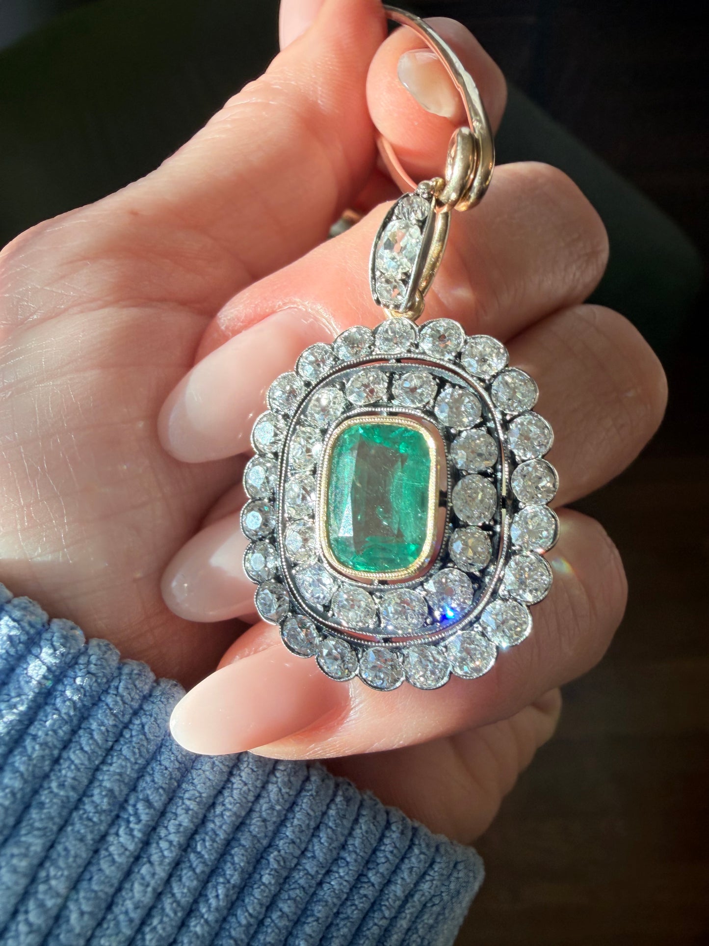 Victorian Emerald and Diamond Cluster Pendant