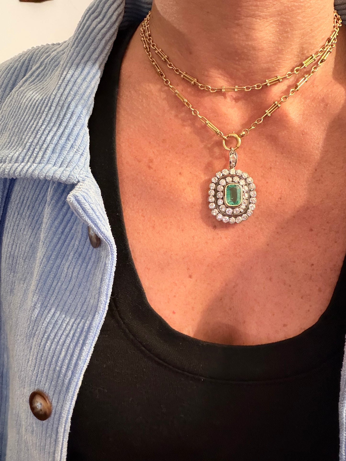 Victorian Emerald and Diamond Cluster Pendant